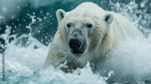 Polar Bear’s Powerful Exit from Arctic Waters, the dynamic and powerful moment of the polar bear emerging from the water. Generative AI