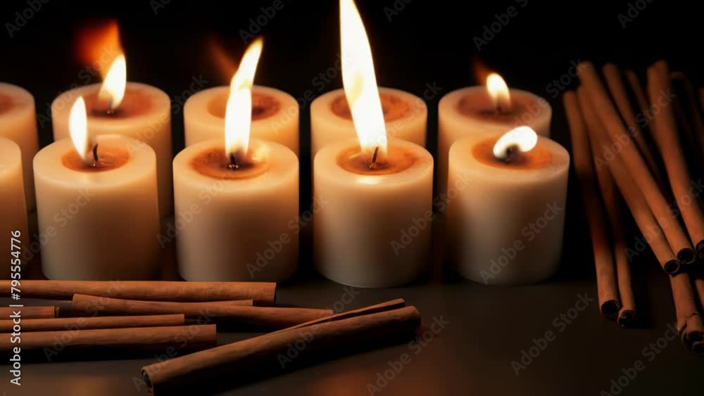 A row of candles with a pile of cinnamon sticks in front of them A row of candles with a pile of cinnamon sticks in front of them
