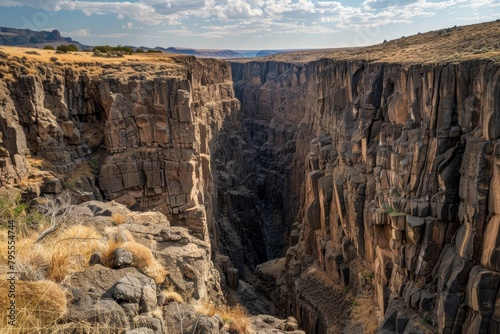 A breathtaking canyon vista, with sheer cliffs plunging into a deep gorge below