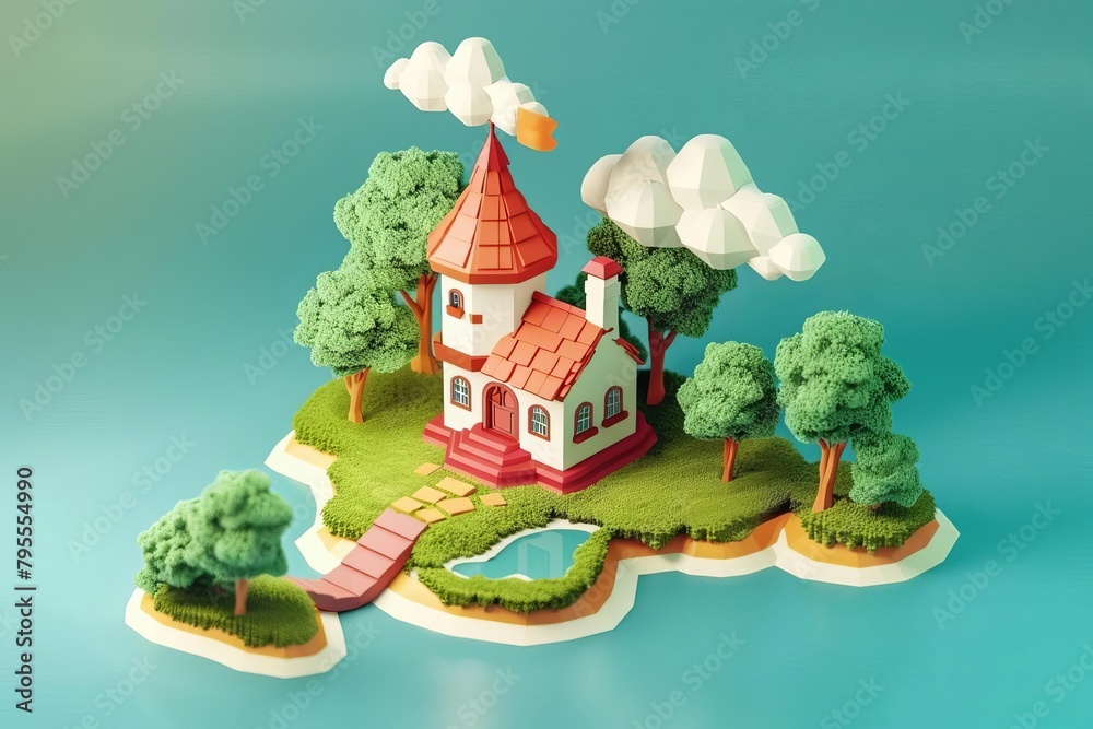 A small house on an island in the middle of the ocean. The house has a red roof and white walls. There are trees and a pond on the island. The water is blue and the sky is light blue. A small house on an island in the middle of the ocean. The house has a red roof and white walls. There are trees and a pond on the island. The water is blue and the sky is light blue.