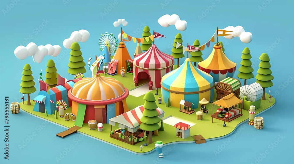 A 3D rendering of a colorful circus tent with a Ferris wheel and other carnival rides.
