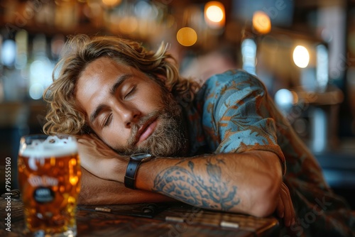 An inked arm rests on a pub table as a man with a tattoo takes a nap next to a glass of beer, suggesting overindulgence or weariness