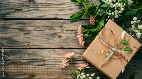 An ecologically hand-wrapped gift, placed on a wooden table among spring flowers, tied with a string with a flower. Mother's Day, gift, giving, wood, love. photo