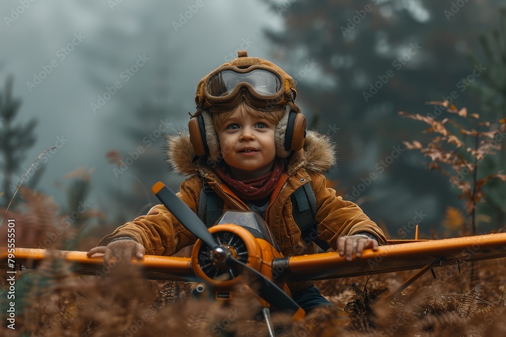 A child dressed as a pilot plays with a vintage toy airplane, evoking adventure and nostalgia