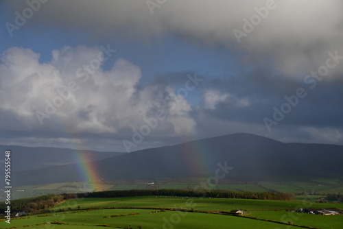 View of rainbow over tne mountains. Coppanagh Hill, Co. Kilkenny, Ireland