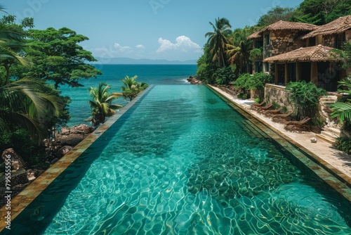 An inviting infinity pool overlooks a calm ocean, bordered by lush tropical foliage and a well-crafted stone walkway under a clear blue sky © Larisa AI