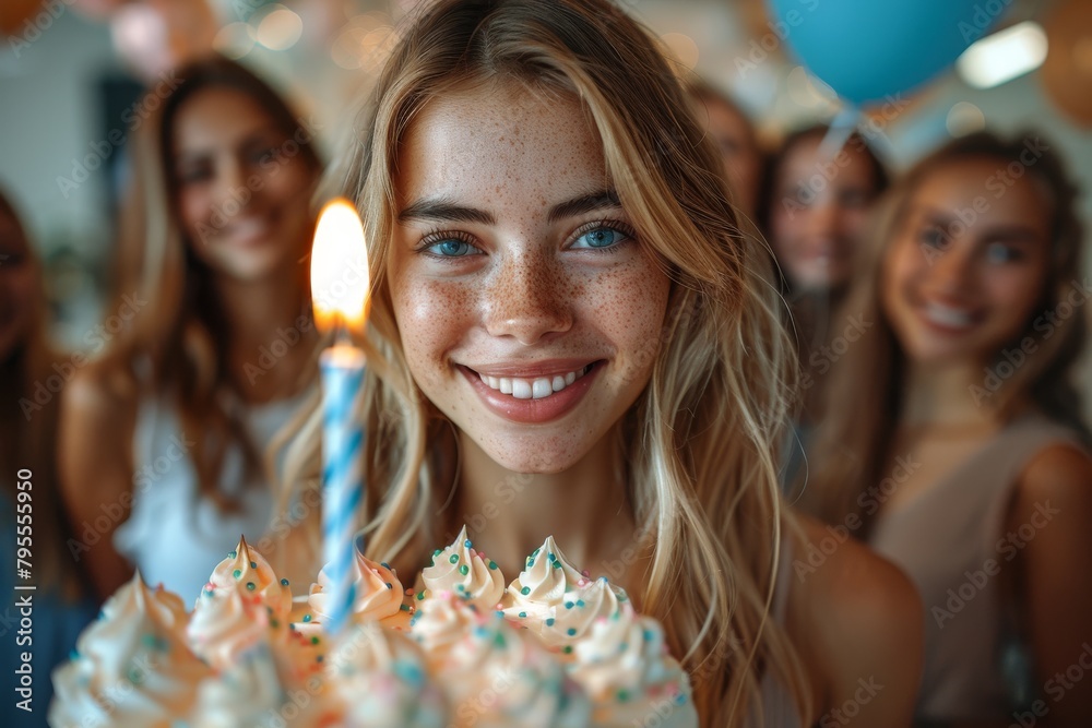 Teenage girl smiling while holding a birthday cake with candles ...