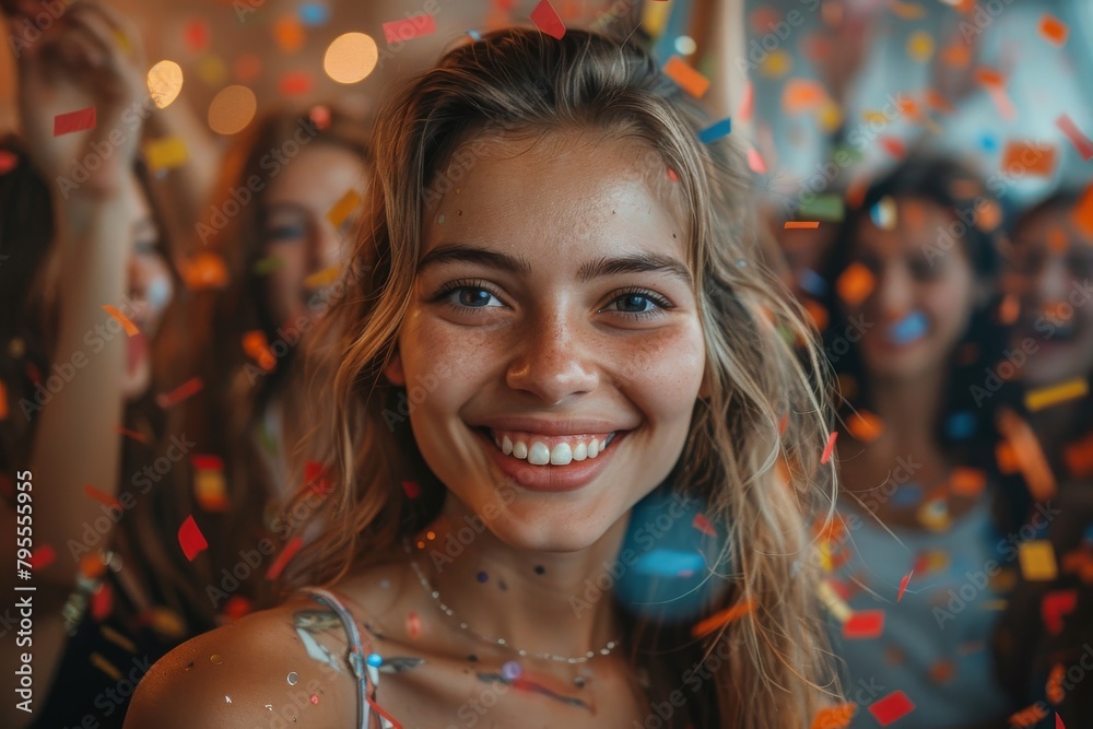 A delightful young girl enjoying a party moment with confetti in the air and her friends cheering A delightful young girl enjoying a party moment with confetti in the air and her friends cheering