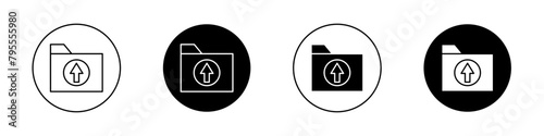 Folder upload icon set. upload data file vector symbol in black filled and outlined style.