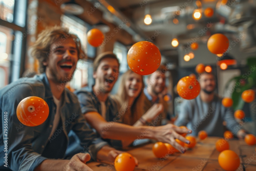 Fototapeta premium A group of friends share a laughter amid a playful moment with flying oranges in a vibrant setting