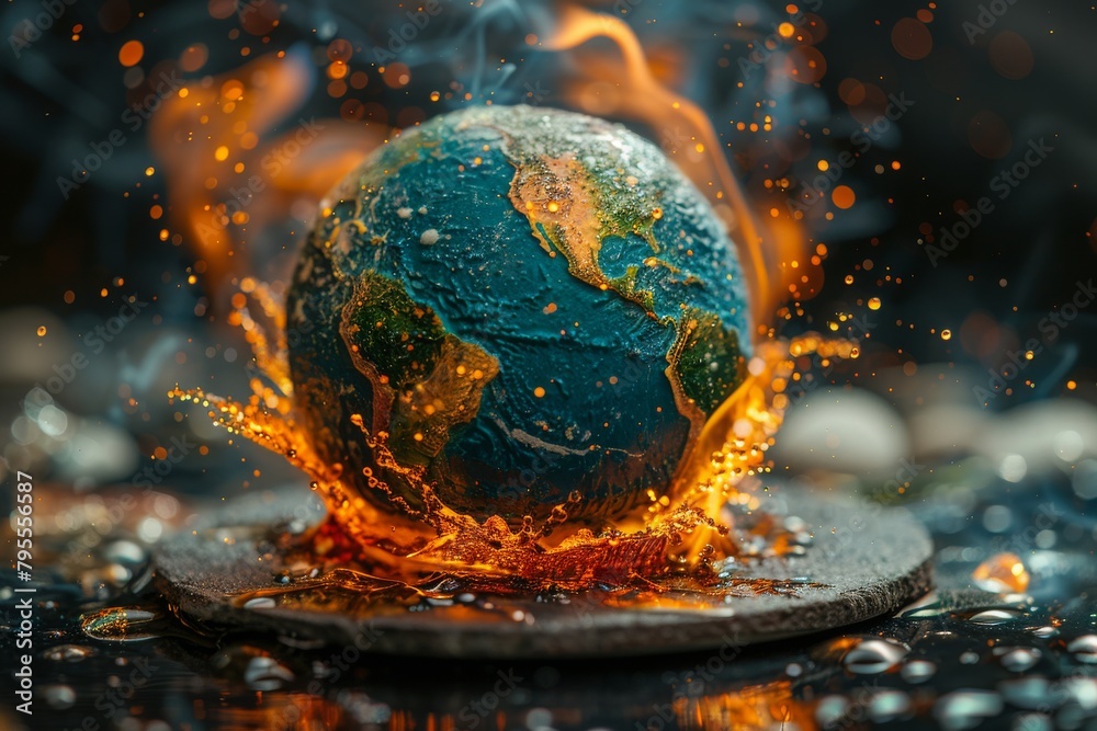 Fiery depiction of a miniature Earth model encapsulated by splashing vibrant orange liquid, concept of environmental dynamics and climate action Fiery depiction of a miniature Earth model encapsulated by splashing vibrant orange liquid, concept of environmental dynamics and climate action