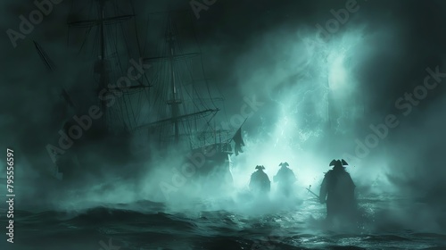 Ghostly pirates on a dark, nightmareinfused sea, eerie fog photo