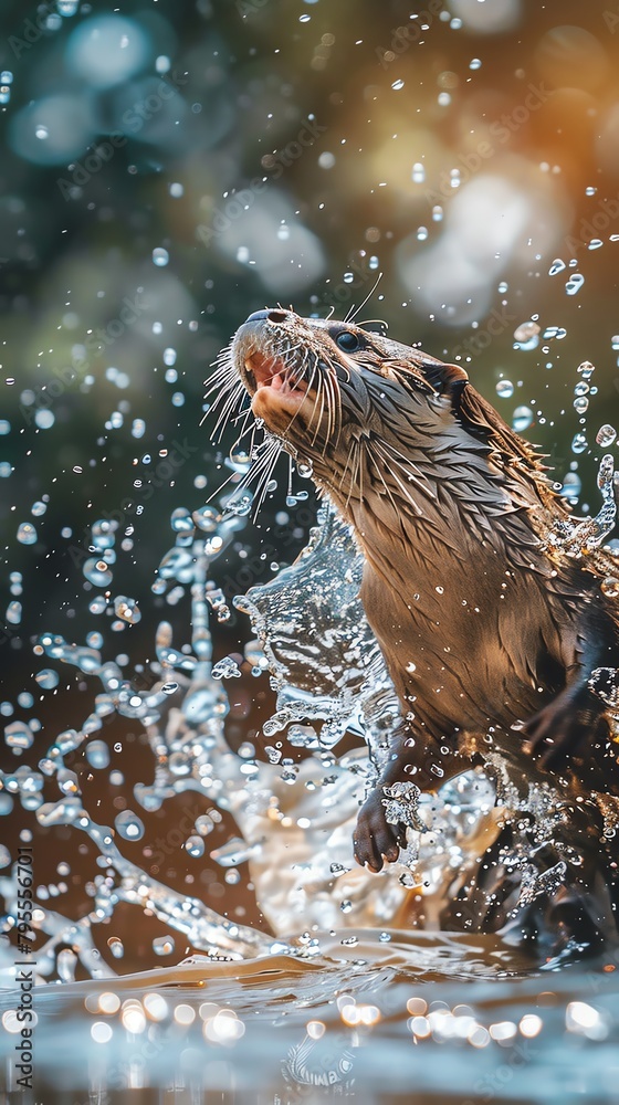 A cute otter playing in the water, surrounded by a beautiful splash of water droplets.