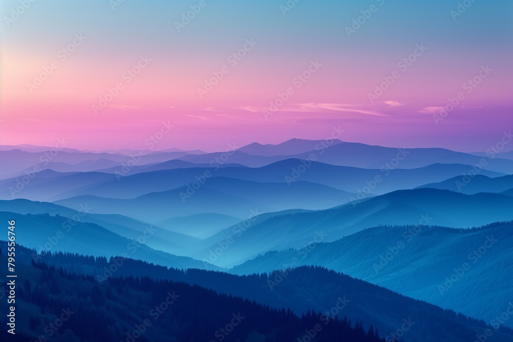 Layered mountains in a colorful sunset