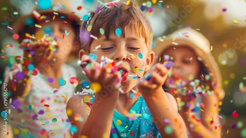 Boy Playing with Colorful Confetti photo