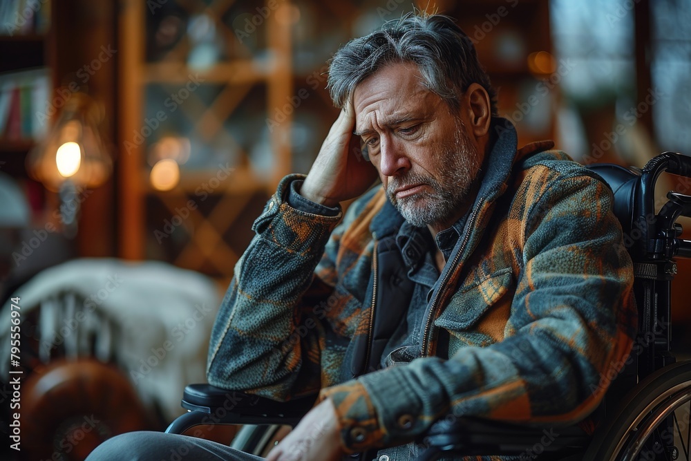 A somber image capturing the fatigue and defeat of a disabled man in a wheelchair with his head down in despair A somber image capturing the fatigue and defeat of a disabled man in a wheelchair with his head down in despair