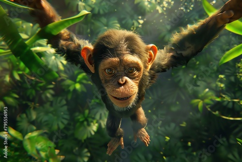 A photo of a baby chimpanzee swinging through the jungle canopy.