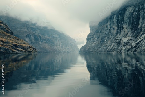 A majestic fjord landscape, with steep cliffs and glacial waters reflecting the surrounding mountains