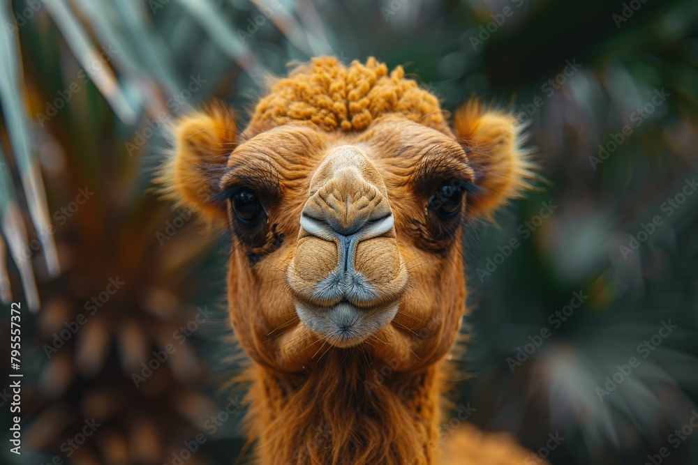 Obraz premium Crisp and clear close-up of a camel's face with a humorous expression, set against the contrasting backdrop of lush green foliage