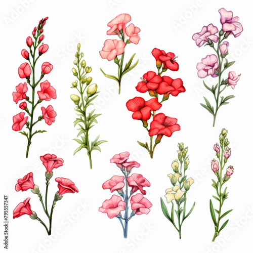 Artistic set of snapdragon flowers in soft watercolors, each bloom delicately rendered and isolated on white, water color, drawing style, isolated clear background