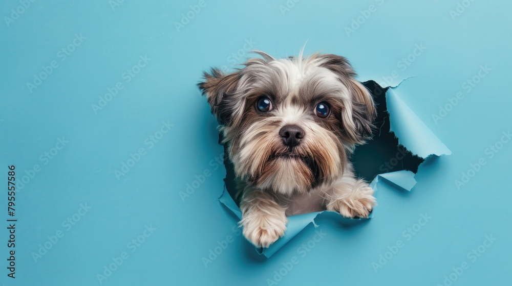 Springtime Surprise: Teacup Havanese Peeking Through Sky Blue Paper Wall
