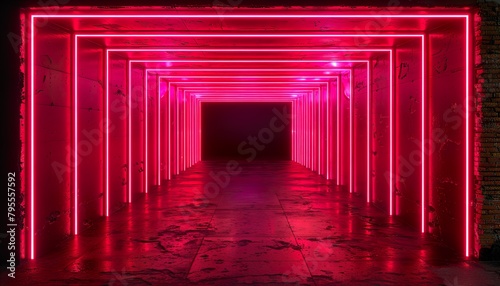 Abstract neon light geometric background. Glowing neon lines. Empty futuristic stage laser. Colorful rectangular laser lines. Square tunnel. Night club empty room. 