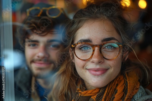 Smiling young woman with glasses reflecting vibrant city lights photo