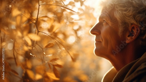 senior man elderly smile and feeling hopeful in forest autumn, ai