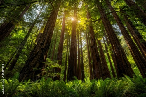 A majestic redwood forest, with towering trees reaching for the sky and a carpet of ferns covering the forest floor