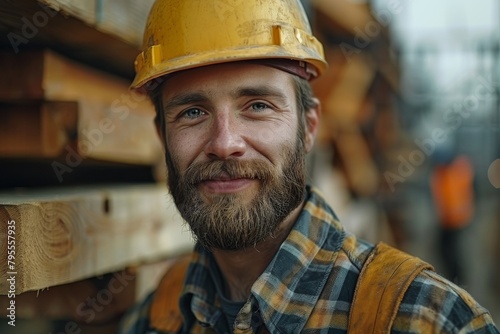 A cheerful male worker wearing a checked shirt and safety helmet with lumber in the background