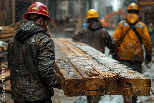 Men in hardhats work together to transport large wooden planks in a snowy, industrial environment, showcasing teamwork and labor