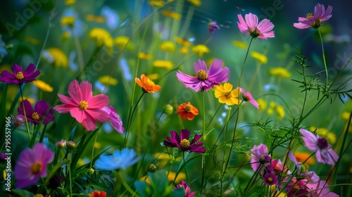 Colorful flowers bloom in lush grass field © 2rogan