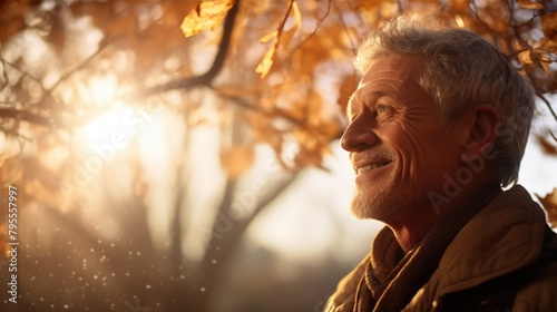 senior man elderly smile and feeling hopeful in forest autumn, ai © Rachel Yee Laam Lai