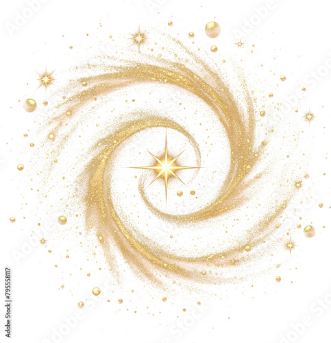 Gold glitter rotating spiral, golden shiny sparking line spiral
