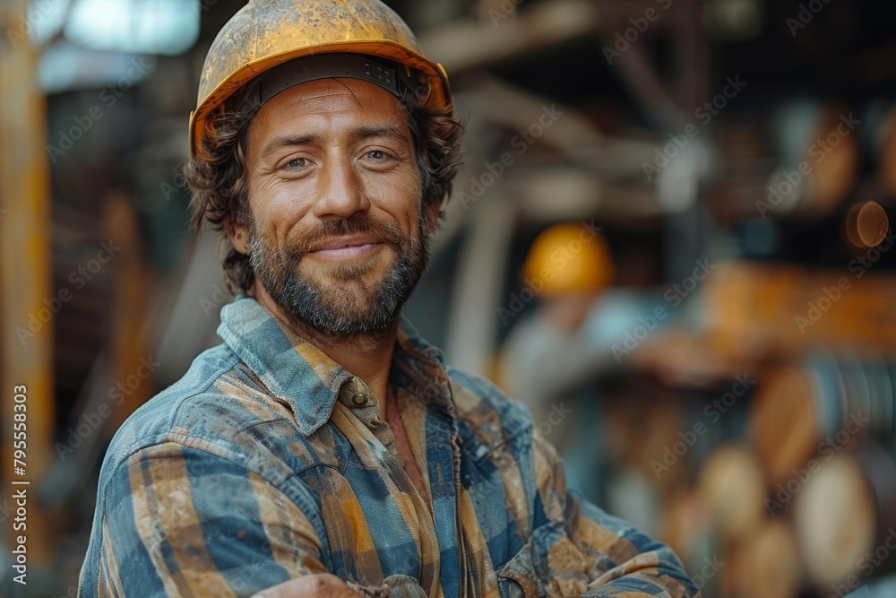 A relaxed construction worker smiling, wearing a denim shirt and yellow hardhat, against industrial background A relaxed construction worker smiling, wearing a denim shirt and yellow hardhat, against industrial background