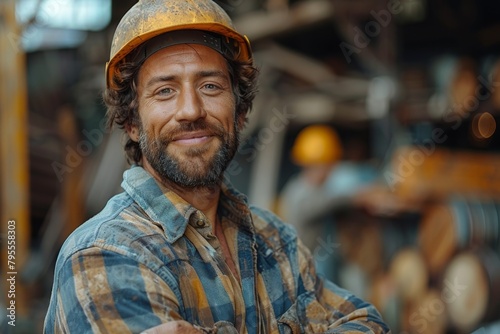 A relaxed construction worker smiling, wearing a denim shirt and yellow hardhat, against industrial background photo