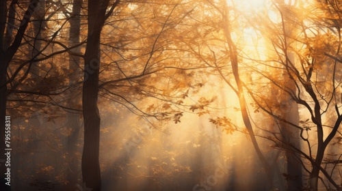 forest trees autumn foggy morning mist  ai