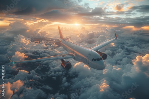 Majestic view of an airplane soaring above the clouds with a beautiful sunset in the background