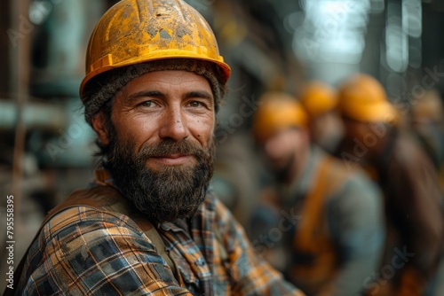 Mature male worker with joyful expression wearing plaid shirt and safety helmet among colleagues