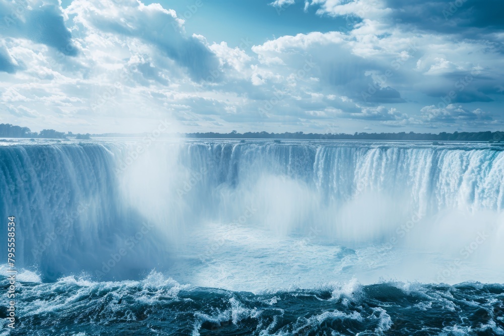 A majestic waterfall, with thundering cascades and misty spray A majestic waterfall, with thundering cascades and misty spray