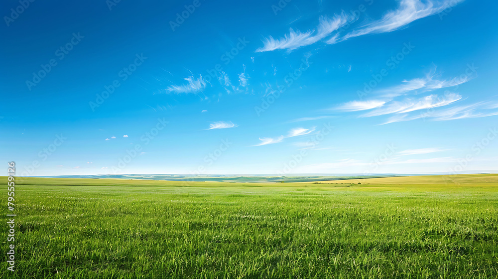 a serene landscape featuring a lush green field under a clear blue sky with fluffy white clouds