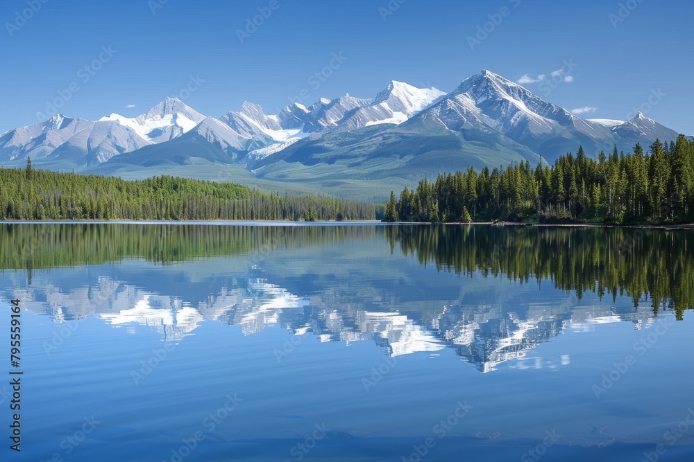 A peaceful mountain lake, with snow-capped peaks reflected in the calm waters