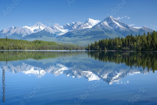 A peaceful mountain lake  with snow-capped peaks reflected in the calm waters
