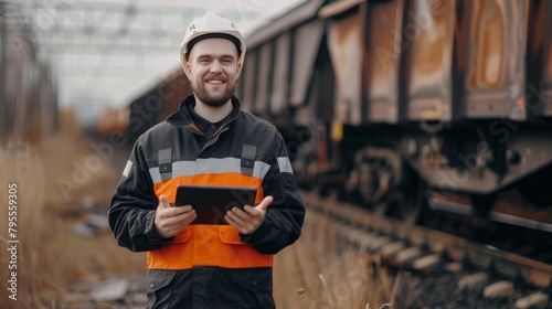 Portrait of railroad construction worker working on his tablet computer in front of railway train