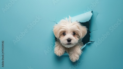 Springtime Surprise: Teacup Havanese Peeking Through Sky Blue Paper Wall 