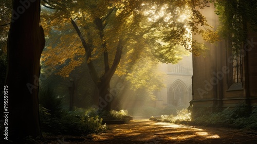 forest trees autumn foggy morning mist  ai