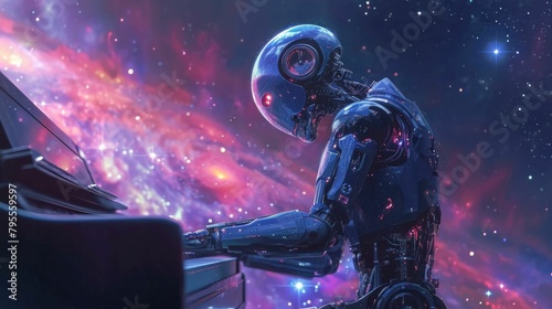 A robot playing the piano in the universe  with galaxies in the background
