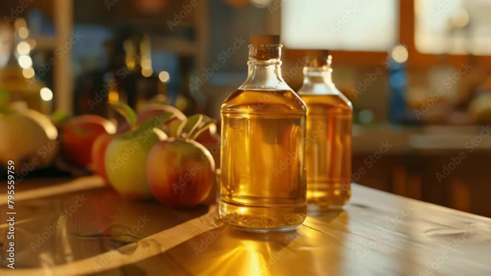 Two bottles of apple cider sit on a wooden table