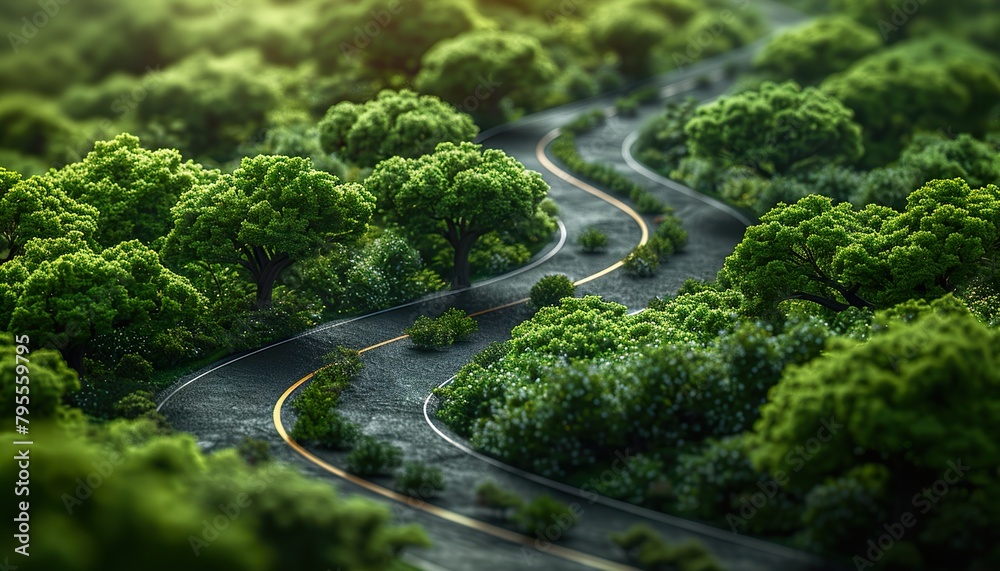 Aerial view of dense green trees in forest capture CO2 and curve highway road. Green trees background for carbon neutrality and net zero emissions concept
