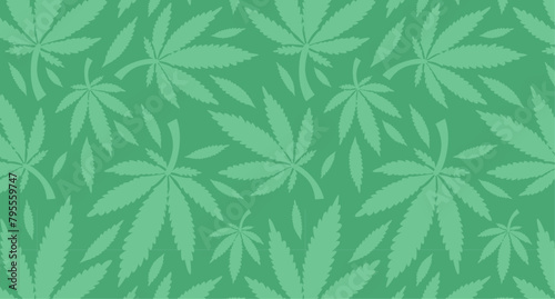 Cannabis leaf pattern in shades of green on a dark green background. Design for herbal medicine, CBD products packaging, and botanical wellness concept.